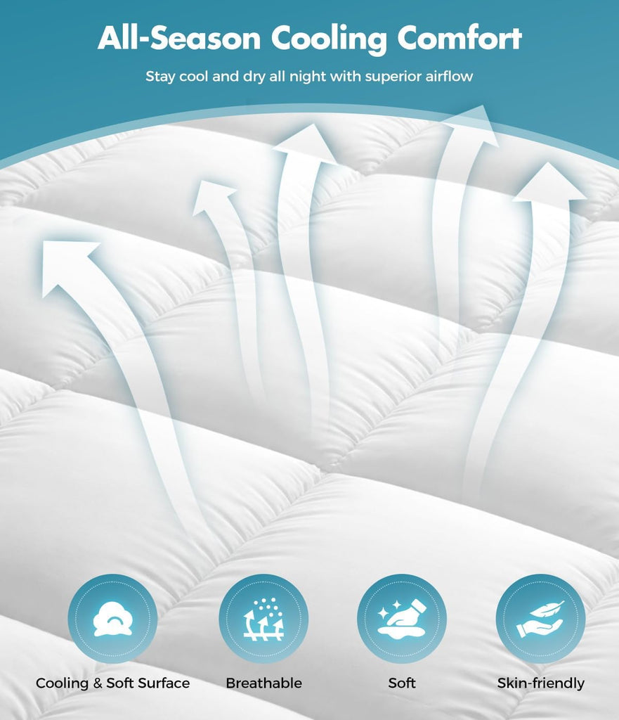 Queen Cotton Mattress Topper, Extra Thick Pillow Top Mattress Pad | 100% Pure Cotton Surface, Cooling Plush Bed