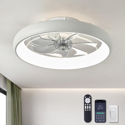 Modern Dimmable LED Ceiling Fan with Lights, 20'' Low Profile Flush Mount, 6 Wind Speeds, Smart Ceiling Fan for Bedroom, Kids Room (White) A101-B0BWXM5649