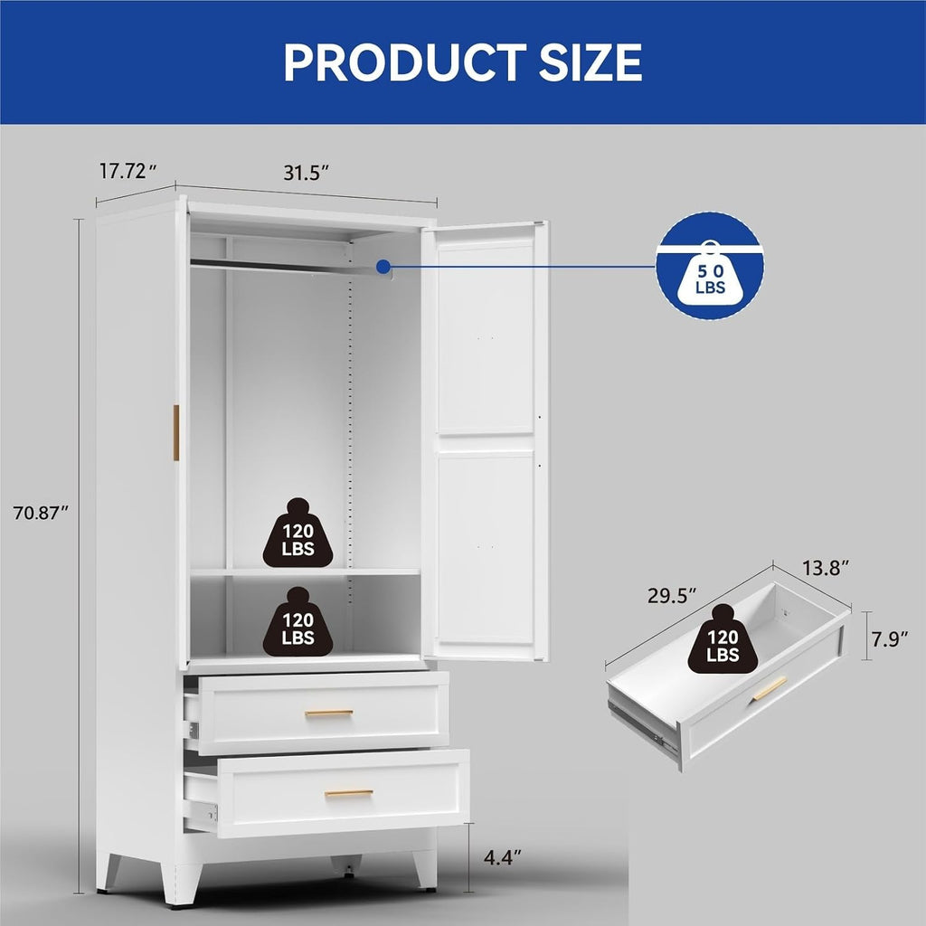 Metal Armoire Wardrobe Closet with Drawers, 71'' Tall Farmhouse Bedroom Armoires with Doors, Freestanding Steel