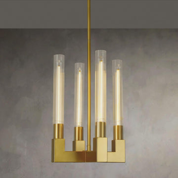 Inspired Cannele Style 4-Light Chandelier,Glass Tube Brass Pendant Lights Kitchen Island,Modern Farmhouse Pendant Light,Gold Kitchen Pendant Lighting Over Island,Indoor Chandeliers for Dining Room,Bedroom,Entryway