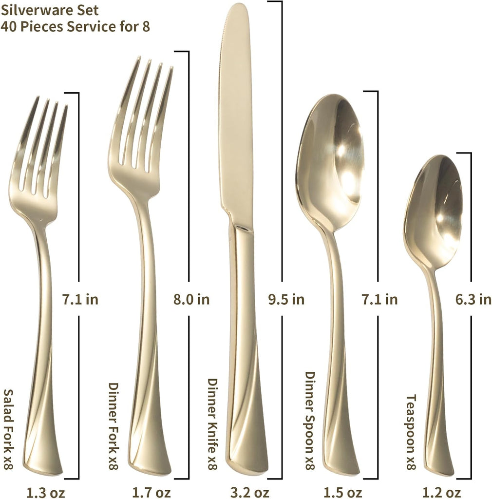 Alice Champagne Gold Mirror 40-Piece Silverware Set Stainless Steel Flatware Set,Service for 8