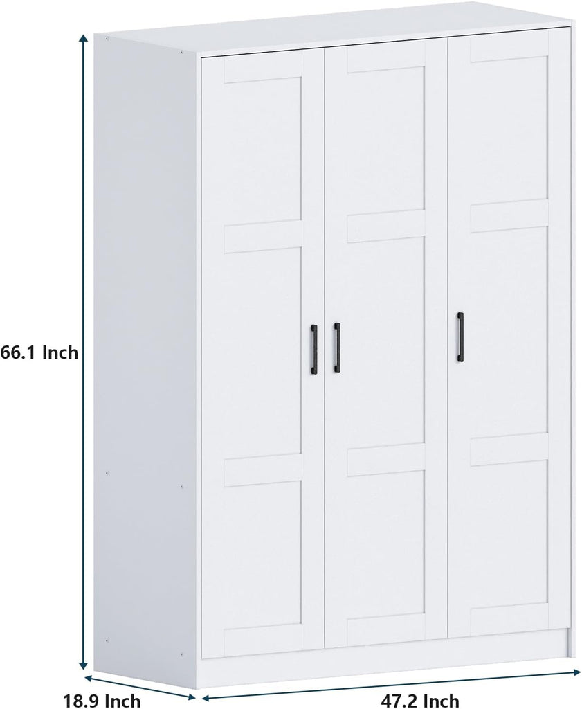 3 Doors Wooden Wardrobe Closet Armoire, White Storage Cabinet for Hanging Clothes, Bedroom Large Capacity