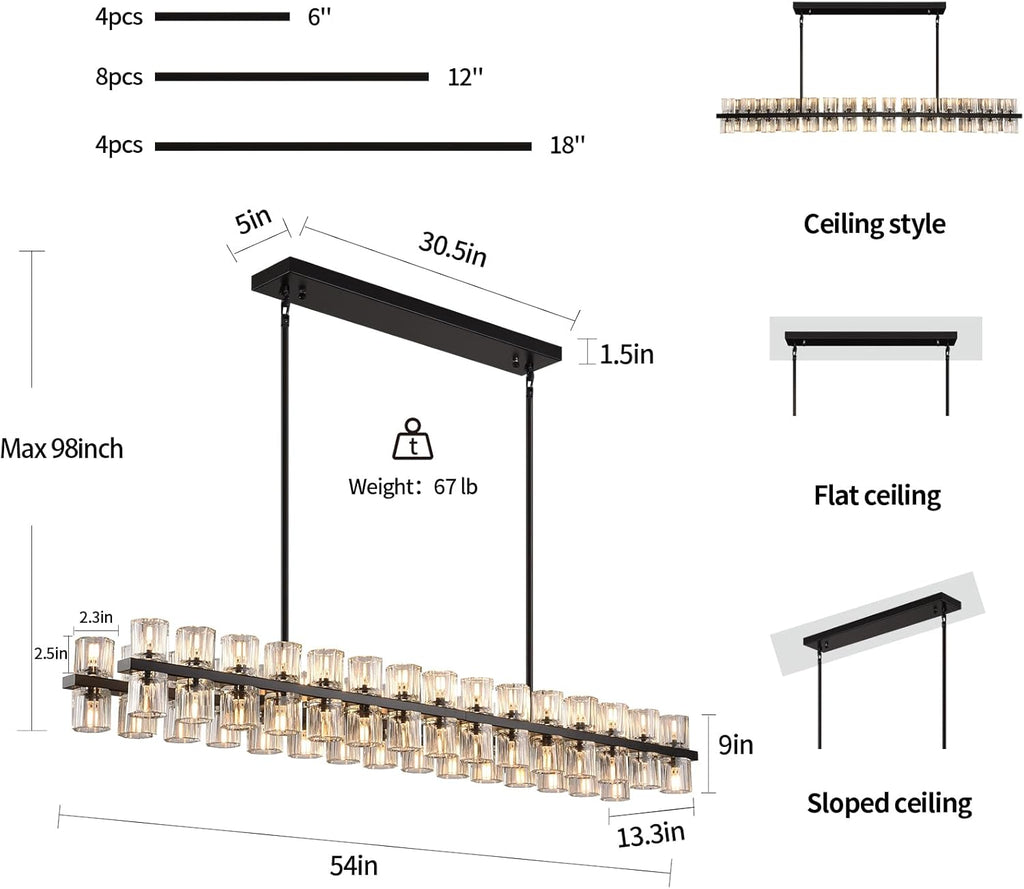 Modern Crystal Chandeliers L54in Large Black Rectangle Chandelier, K9 Crystal Pendant Lights Kitchen Island,Chandeliers for Dining Room, For Over the Dining Table,Kitchen Island,(60xG4 Bulbs Included)