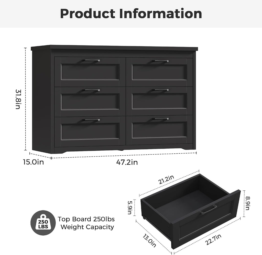 Black 6 Drawer Dresser , 47.2" Modern Chest of Drawers | Wooden Storage Dresser with Mental Handle, Large Double