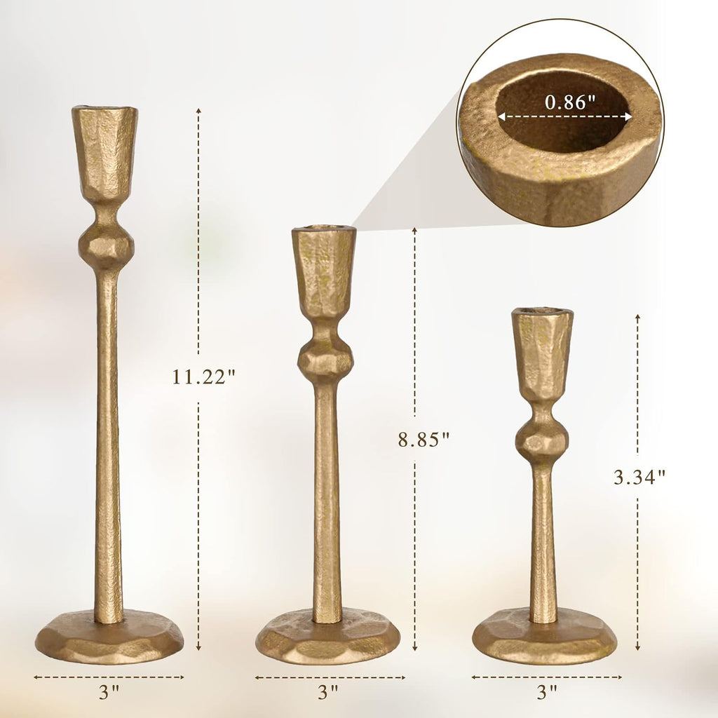 Antique Brass Iron Taper Candle Holder - Set of 3 Decorative Candle Stand, Candlestick Holder for Wedding, Dinning