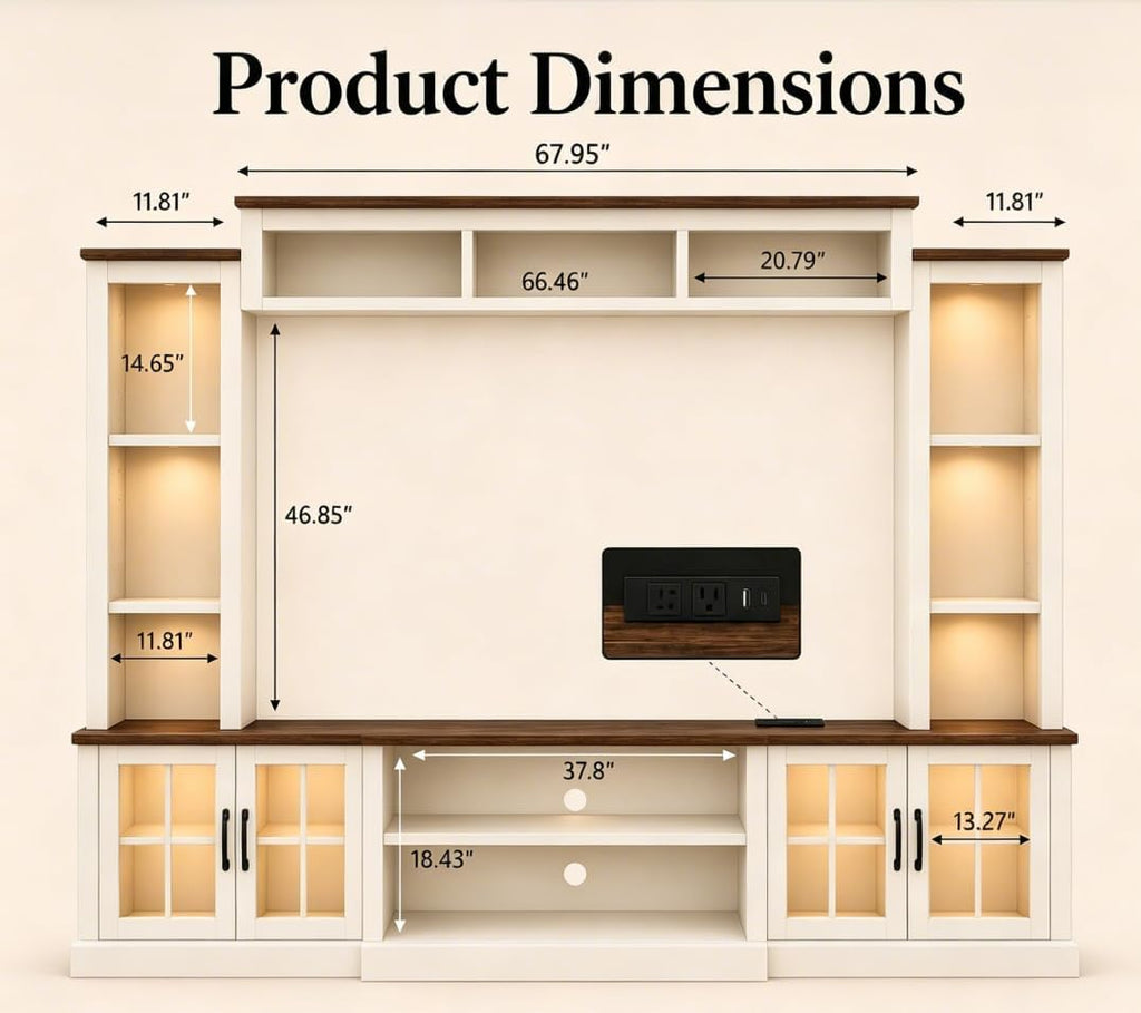Farmhouse TV Stand 98" Entertainment Wall Unit with Barn Doors, Built-in Power Outlets, Open Bookshelves & Storage