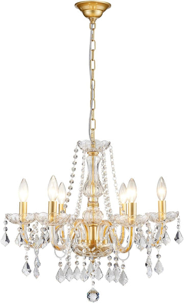 Crystal Chandelier Light Fixture, Modern K9 Crystal Chandeliers for Dining Room, 6-Lights Gold Ceiling Light, Adjustable Hanging Pendant Light Fixture for Living Room Entryway Kitchen Island Hallway