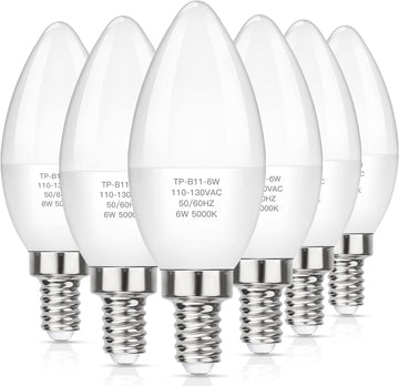 E12 LED Candelabra Light Bulbs 60W Equivalent, Daylight White 5000K 600 Lumen Chandelier Bulb, 6W B11 Candle Base (Pack Of 6)