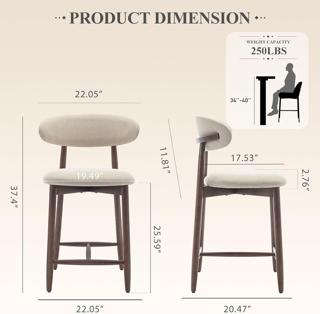 Counter Height Bar Stools Set of 2, Kitchen Bar Stools with Back, Mid Century Modern Upholstered, with Wood Legs