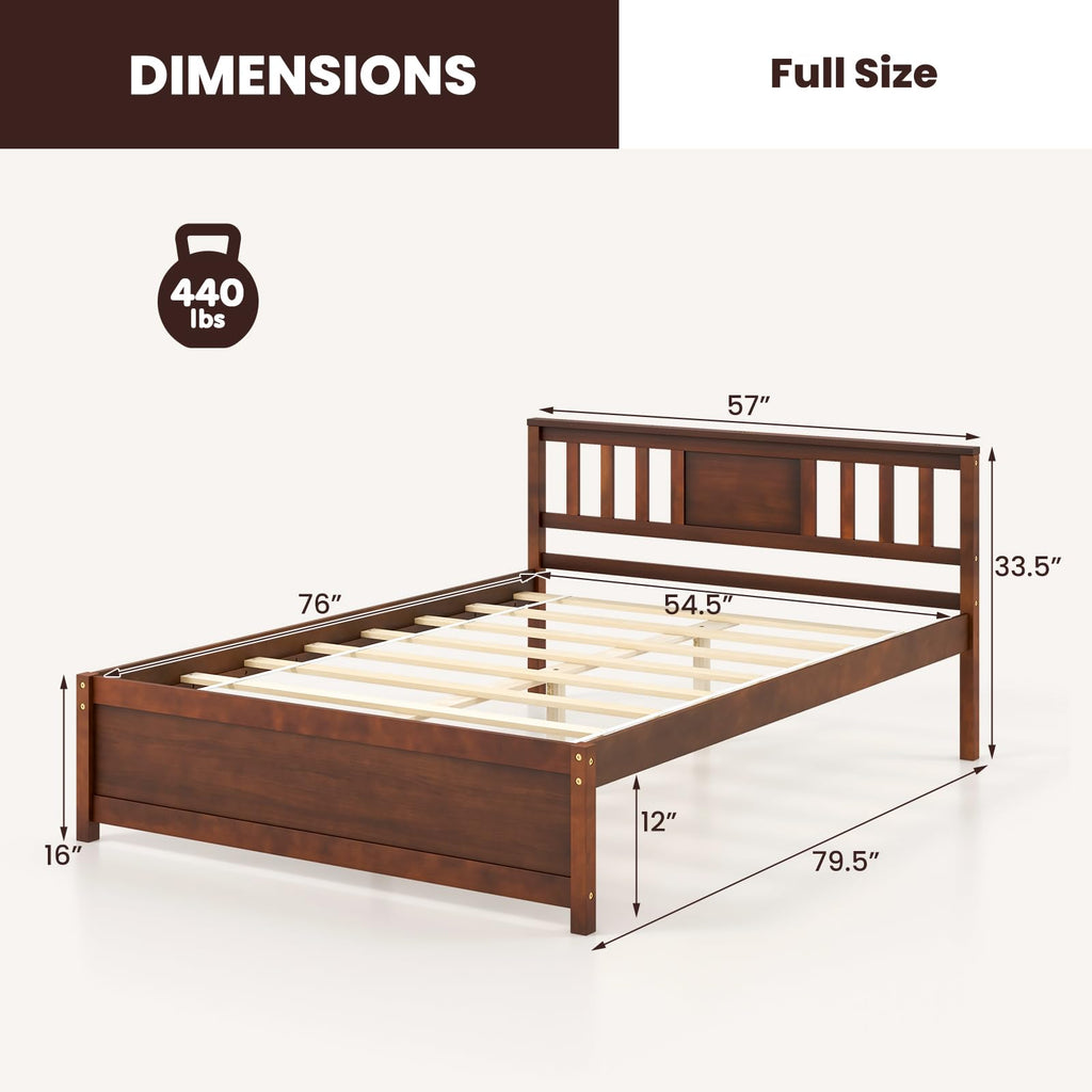 Full Size Solid Wood Platform Bed Frame, Mid Century Full Bed Frame with Headboard, Wood Slat Support, Double Panel