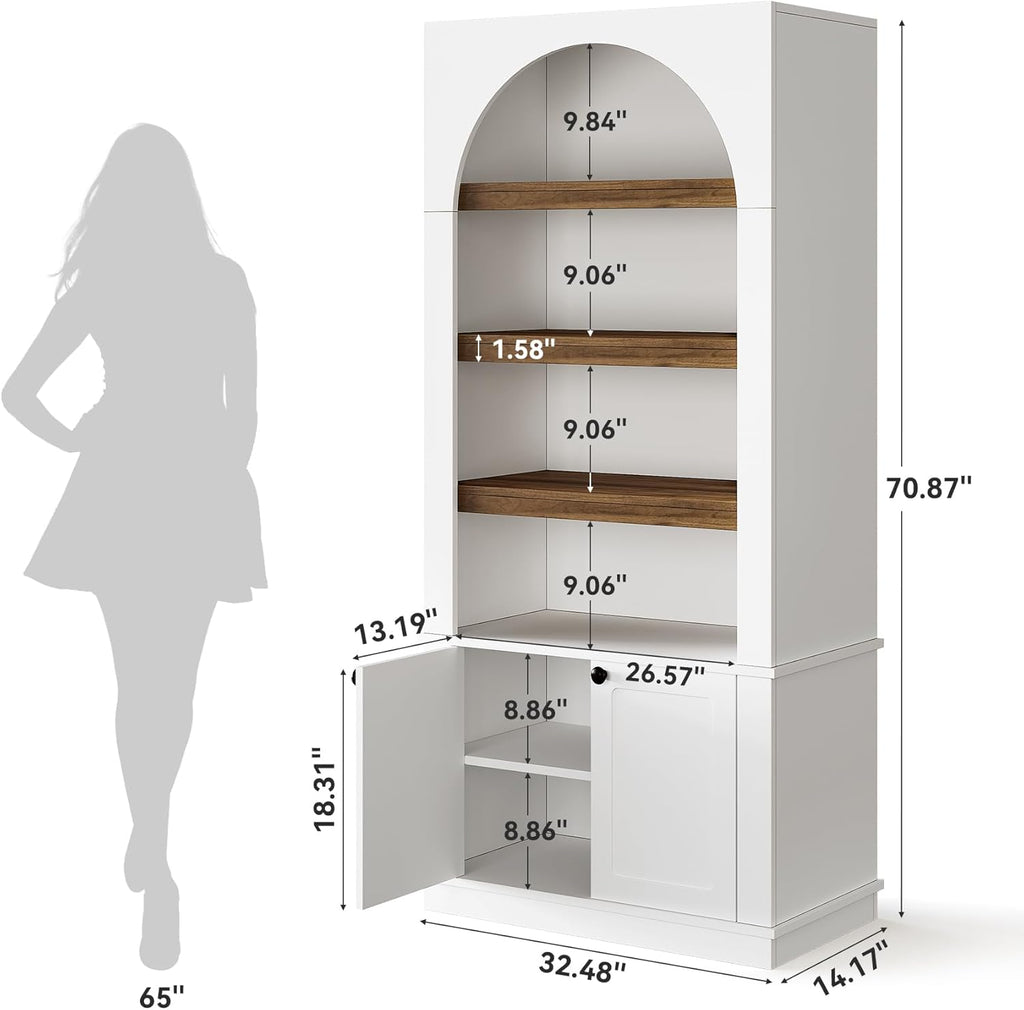 71'' Tall White Bookcase, 6-Tier Modern Arched Bookshelf with Doors