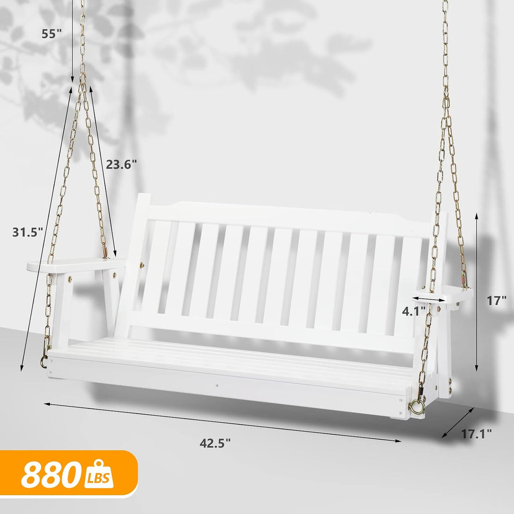 Upgraded 4 FT Wooden Porch Swing, 880 LBS Solid Fir Wood, White | Heavy-Duty Fir Wood Frame; 880-Lb Capacity;