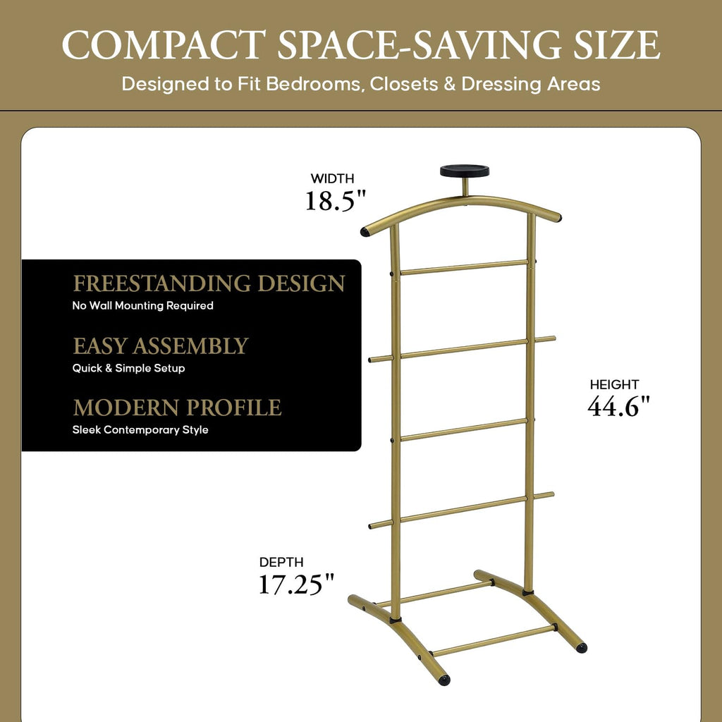 Freestanding Metal Suit Valet Stand with Tie Bar, Gold