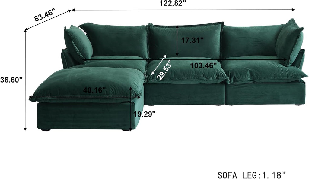 L-Shaped Modular Couches, Deep Seat Sectional Couch with Chaise Ottoman, Modern Comfy Cloud Sectional Sofas, Cushion Covers Removable, Two Corners and A Middle Sofa for Living Room (Green)