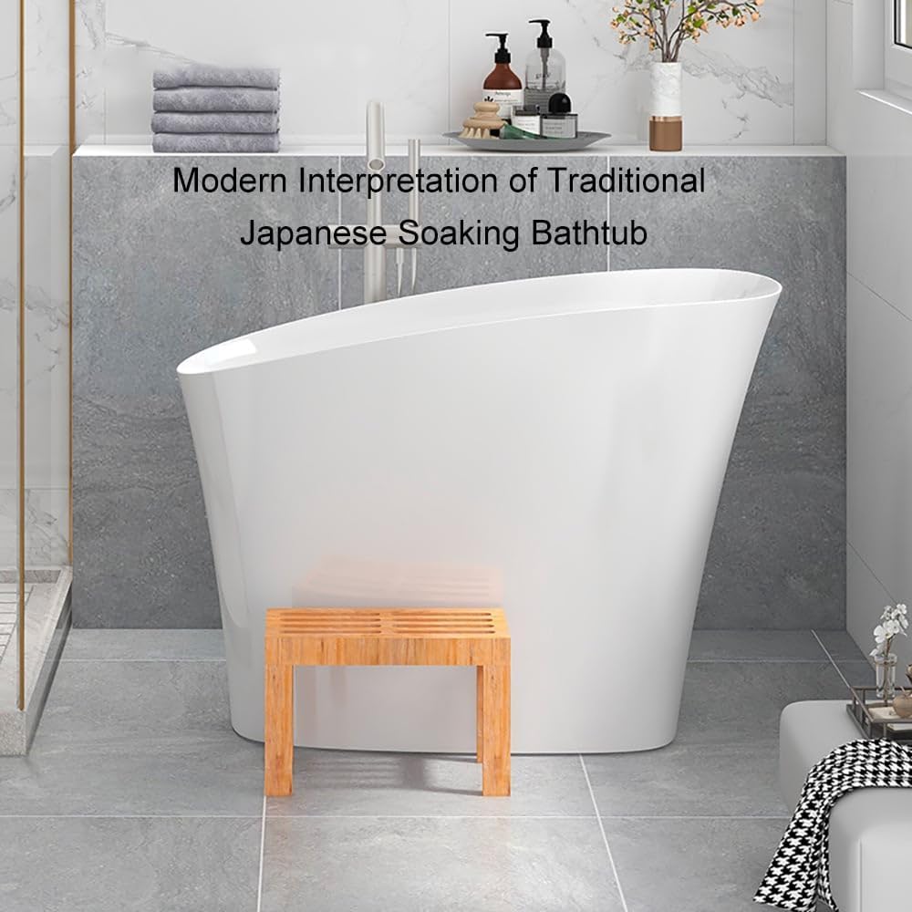 Japanese Bathtub,47" Freestanding Japanese Soaking Tub, White Stone Resin Deep Tub with Built-in Seat, Modern Oval