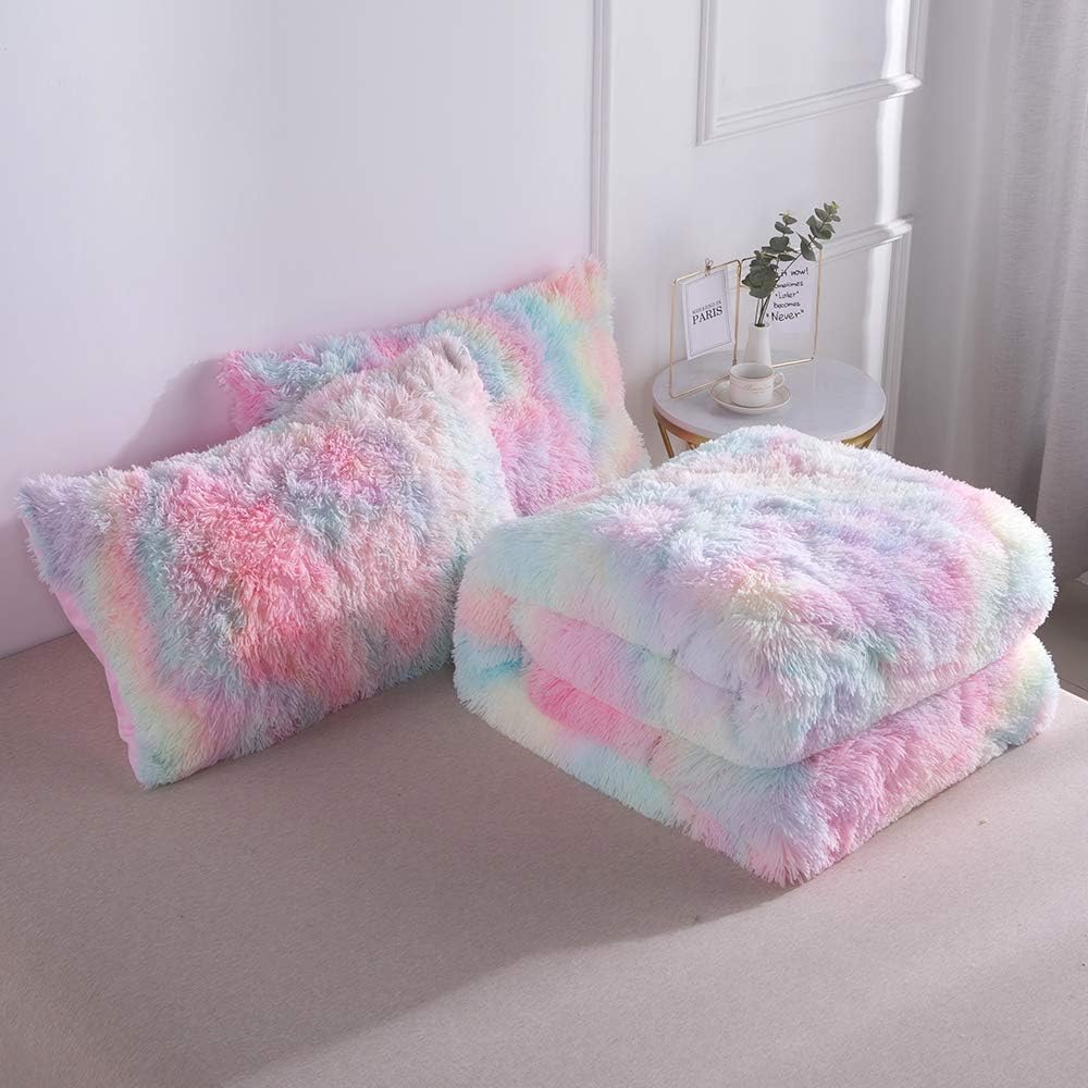 Faux Fur Plush Rainbow Comforter Set Fluffy Fuzzy Shaggy Bedding Set - 3PC Microfiber Soft Warm Quilt Set