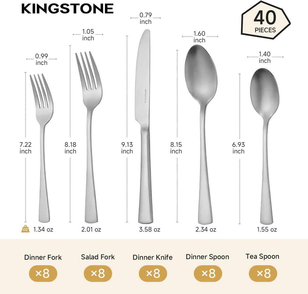 Silverware Set for 8, 40-Piece 18/10 Stainless Steel Flatware Set,Forged Cutlery Set Matte Satin Finish, Dishwasher Safe