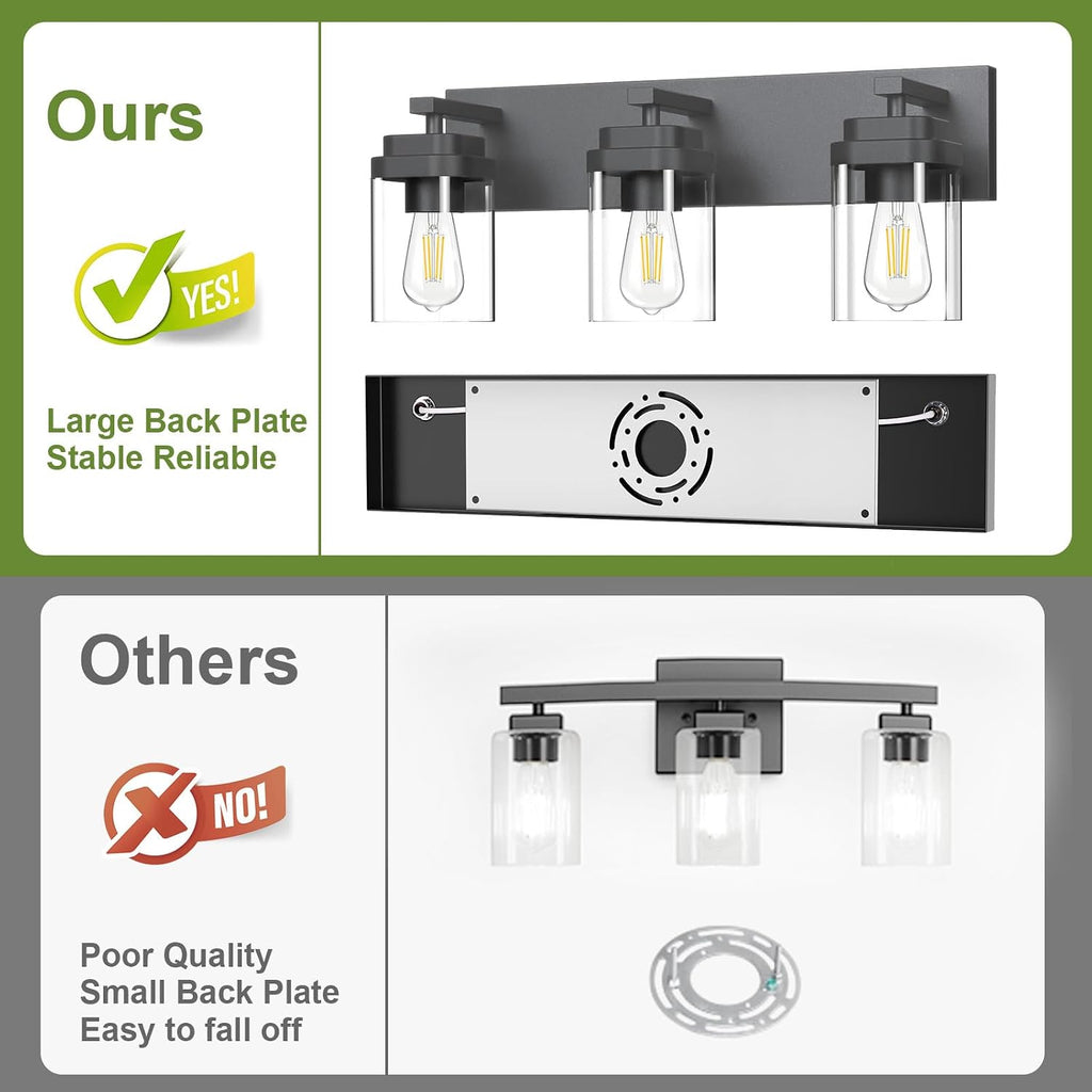Black Bathroom Light Fixtures, 3 Lights Bathroom Lighting Fixtures Over Mirror, Square Design & Rectangle Large