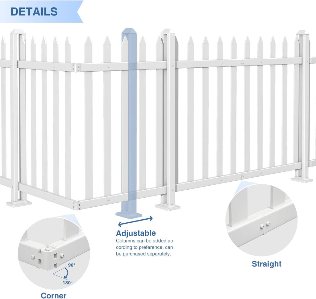 2 Sets 36"H x 84"W Vinyl White Picket Fence Panels Decorative Fencing for Front Porch Yard Garden Pool (20 Pickets