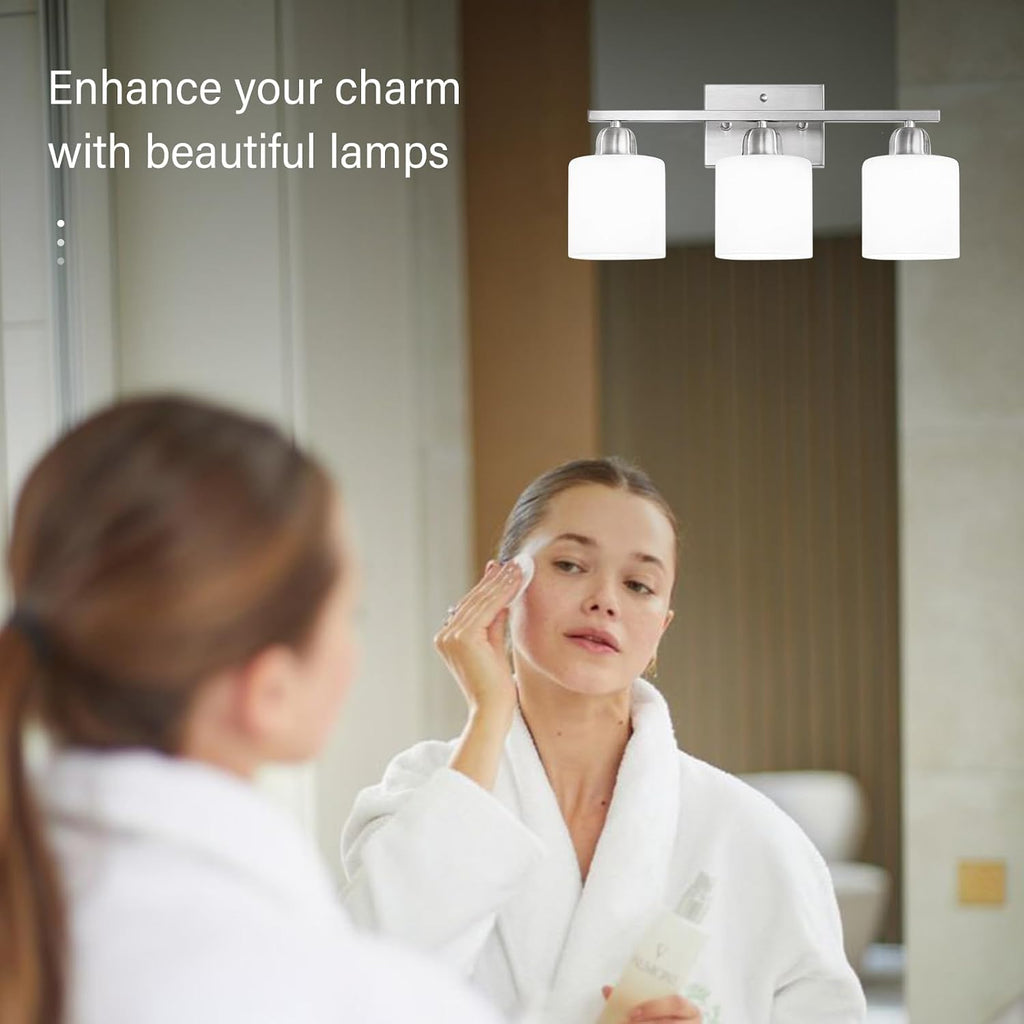 Brushed Nickel Bathroom Light Fixture, Anti-Rust Finish 3 Light Vanity Lights , Bath Lights with Milky White Frosted