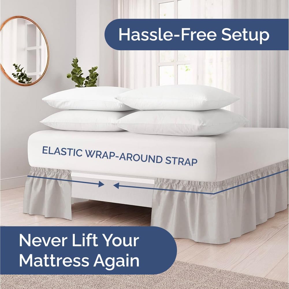 Wrap Around Dust Ruffle Bed Skirt - (Twin, Black) Beds with 18" - Drop Elastic Strap - 100% Cotton 600 Thread Count