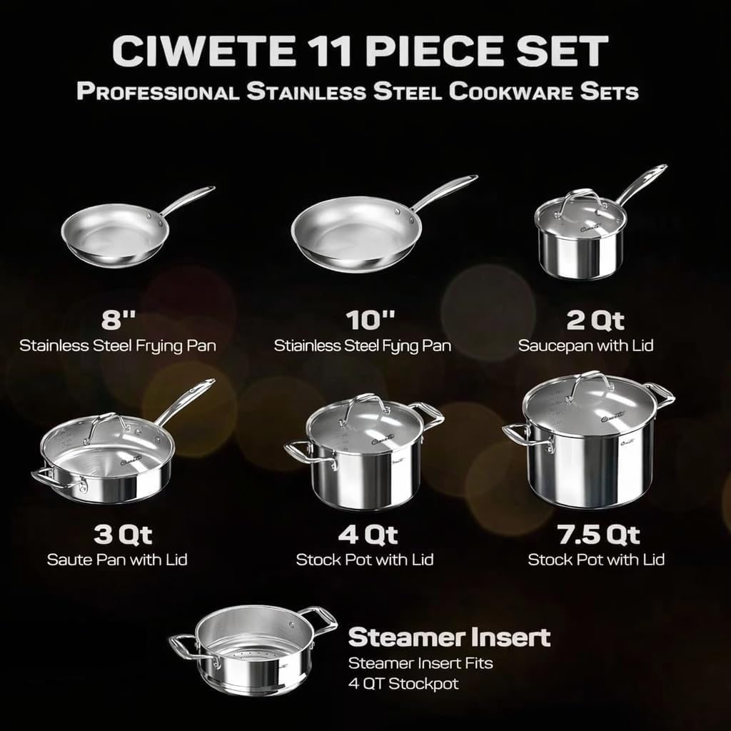 11-Piece Tri-Ply Stainless Steel Pots and Pans Set, 18/10 Stainless Steel Cookware Set with Steamer Insert, Induction