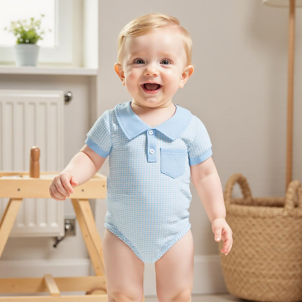Newborn Baby Boy Summer Clothes Short Sleeve Lapel Button Romper Up Loose Fit Plaid Jumpsuit Bodysuit Boy Outfit