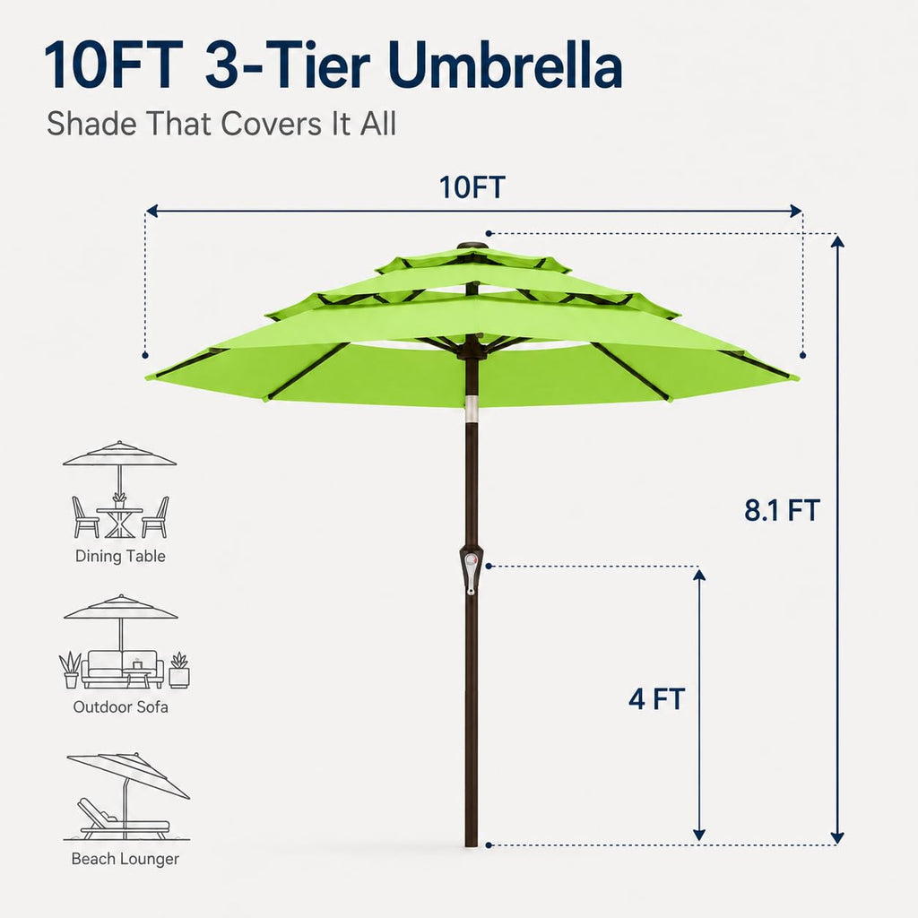 10ft Patio Umbrella, 3-Tier Vented Outdoor Table Umbrella with 8 Sturdy Fiberglass Ribs, Windproof Market Umbrella