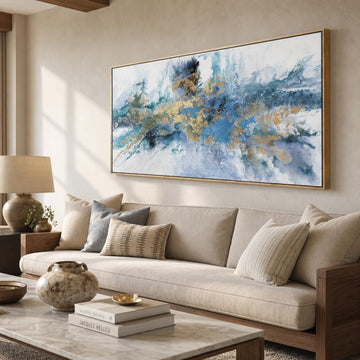 Abstract Navy Blue Canvas Wall Art - Framed Artwork Bedroom - Modern Colorful Fantasy Painting Ready to Hang
