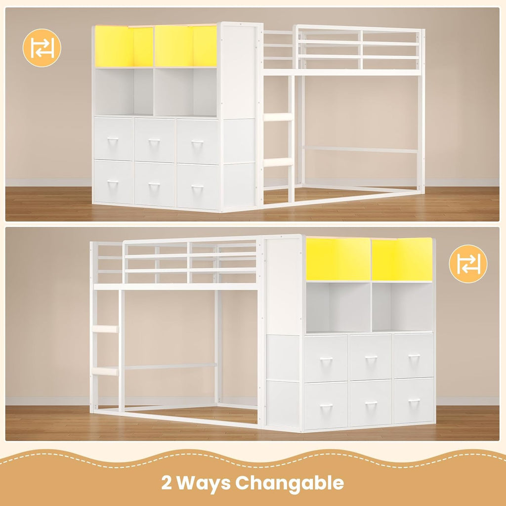 Bunk Bed Twin Over Twin with 6 Large Fabric Drawers & 4 Wooden Storage Bookshelf Organizer