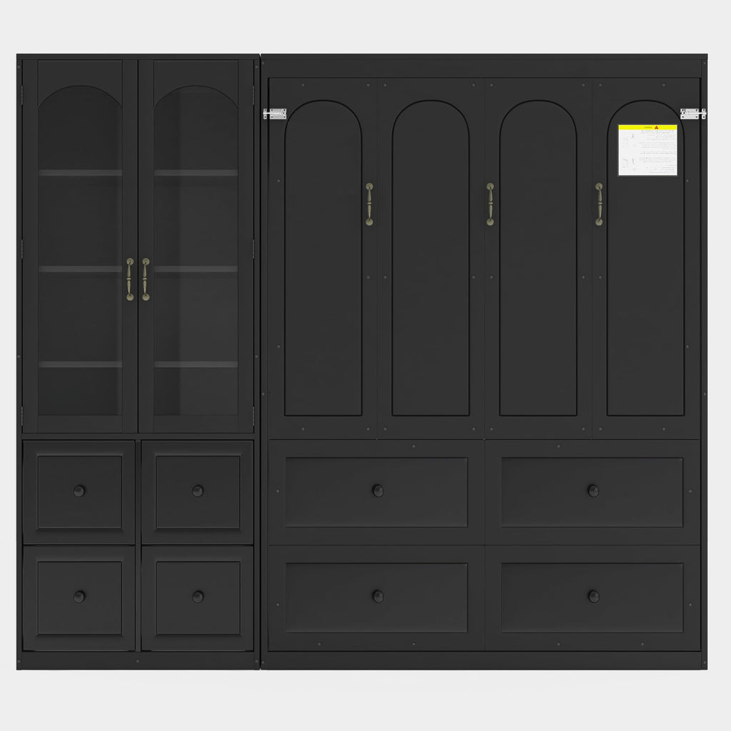 Queen Murphy Bed with Storage Drawers and Cabinet, Solid Wood Foldable Hidden Vertical Murphy Wall Bed with Storage