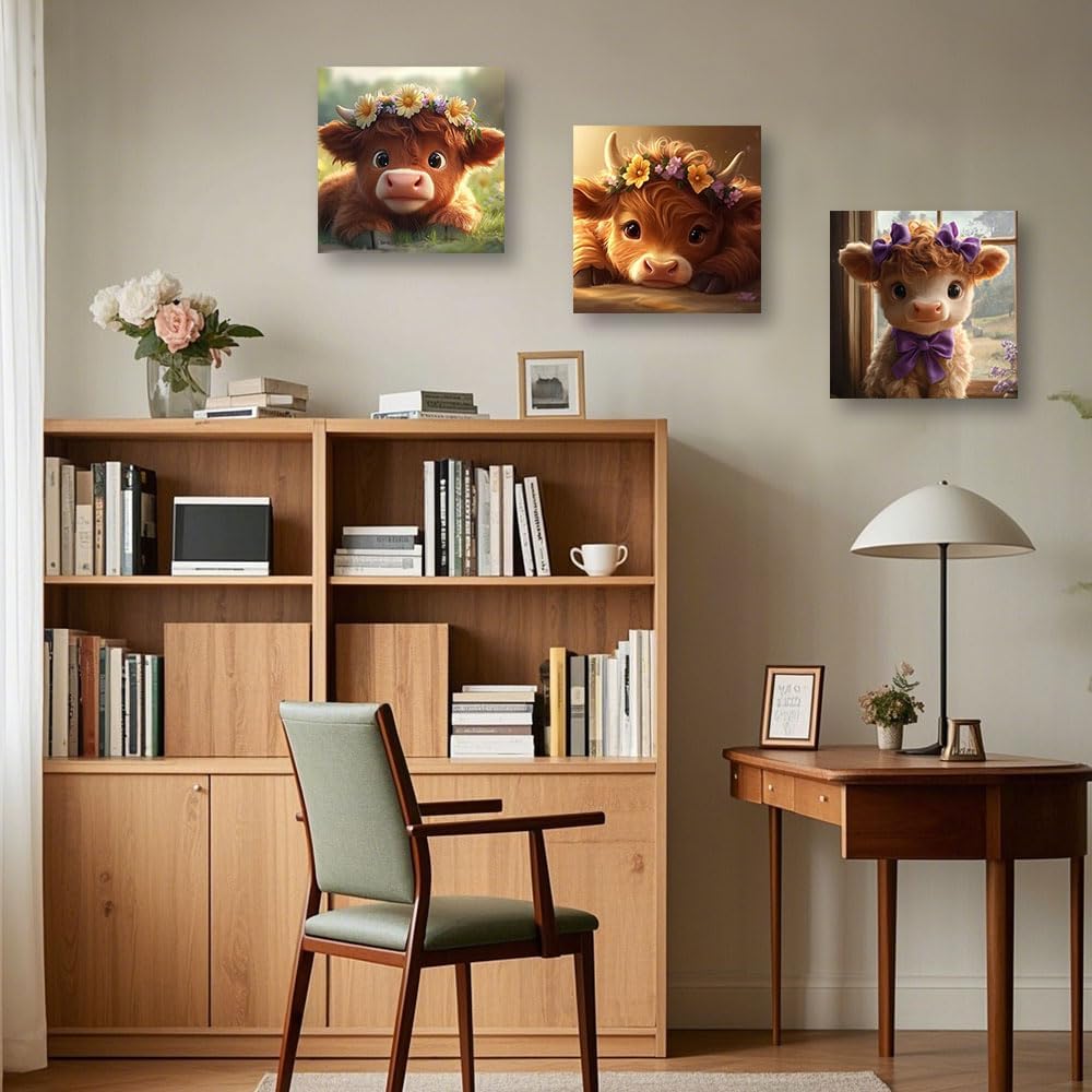 Highland Cow Wall Art Cute Animal Canvas Print 3 Pieces Baby Highland Cow Picture Farm Animal Prints Farmhouse Kids - Set of 3