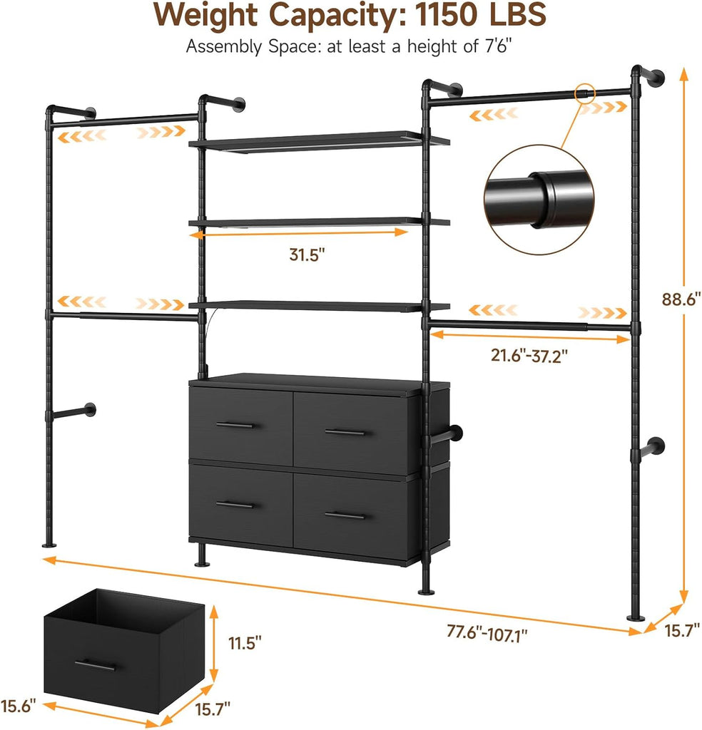 T3 Closet System with Stepless Dimmable LED Light, Industrial Pipe Clothing Rack with 4 Drawers, 6 Wooden Shelves & 4