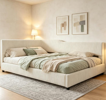 Full Corner bedframe with Comfortable backrest, Upholstered daybed, L-Shape daybed Living Room, Beige + Corduroy