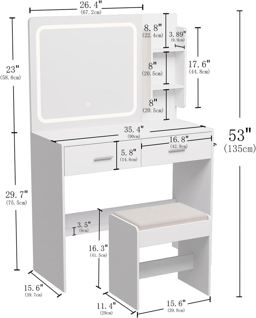 Makeup Vanity Desk with Lighted Mirror and Charging Station, White Vanity Table Set with Stool, 2 Drawers, 2 Shelves