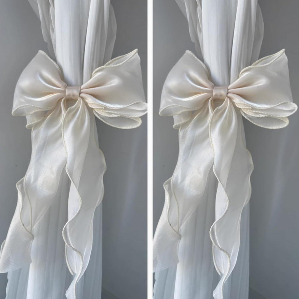 2 Pack French Silky Bow Curtain Tiebacks, Elegant Lace Ribbon for Curtains Decorative Rope Accessories Home Décor
