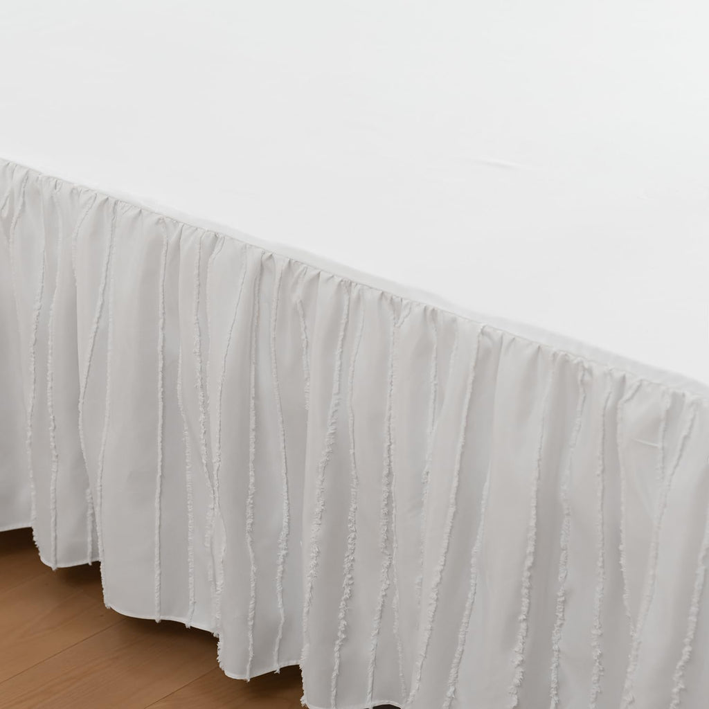 Bed Skirt Queen Size, Ruffled Bed Skirts 14 Inch Drop, White | Striped Boho Tufted, with Split Corners, Easy Fit