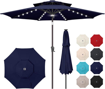 9ft Solar Umbrella Outdoor - 2 Tiers Lighted Solar Patio Umbrella with 40 LED Lights Waterproof UV Protection