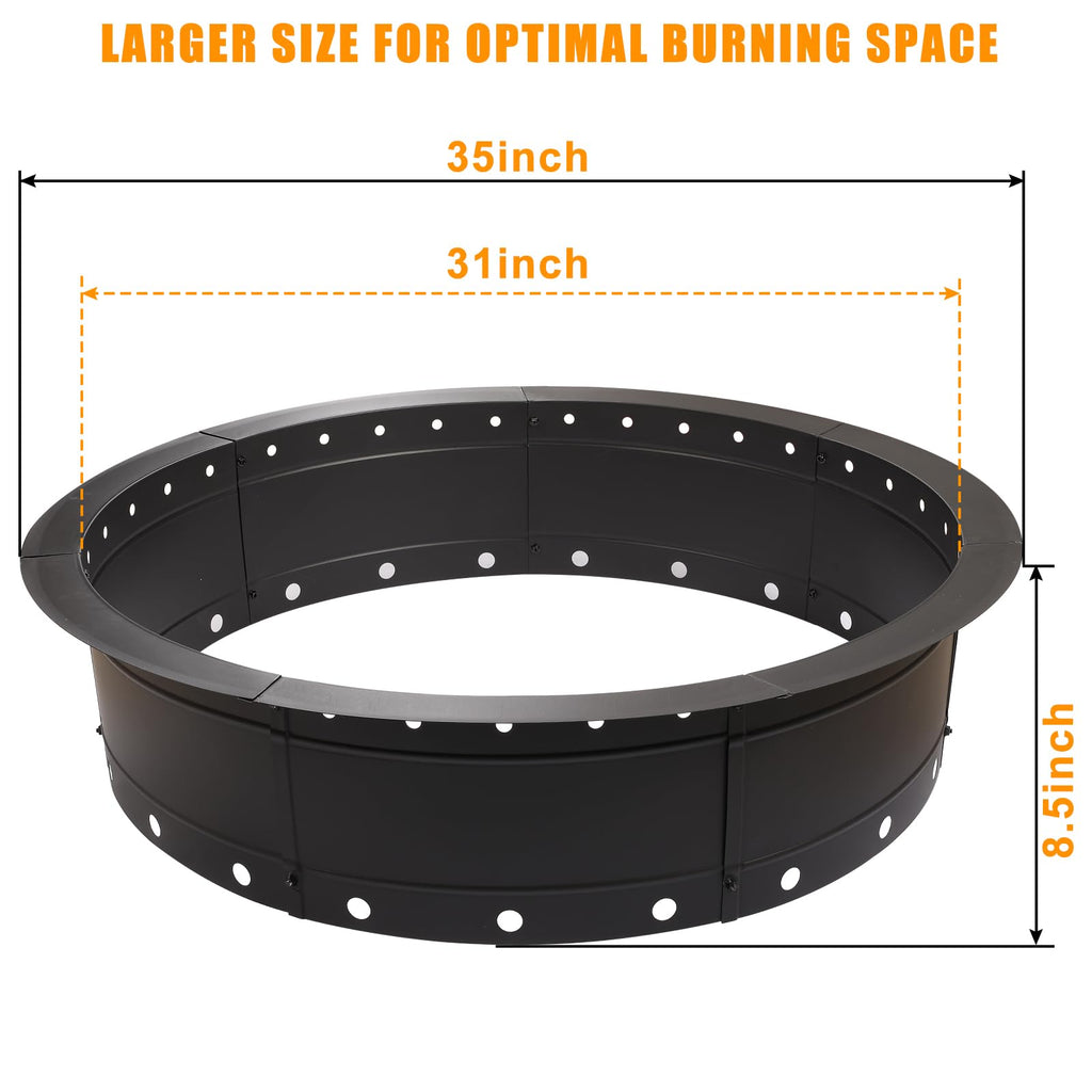 Fire Pit Ring, 31 Inch Round Steel Firepit, Black, Powder Coated, Wood Burning, Air Vent for Efficient Burning