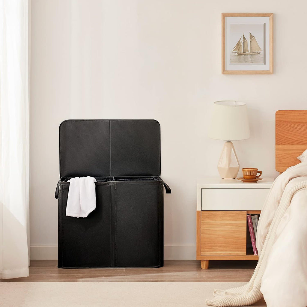Double Laundry Hamper with Lid and Removable Laundry Bags, Large Collapsible 2 Dividers Dirty Clothes Basket with