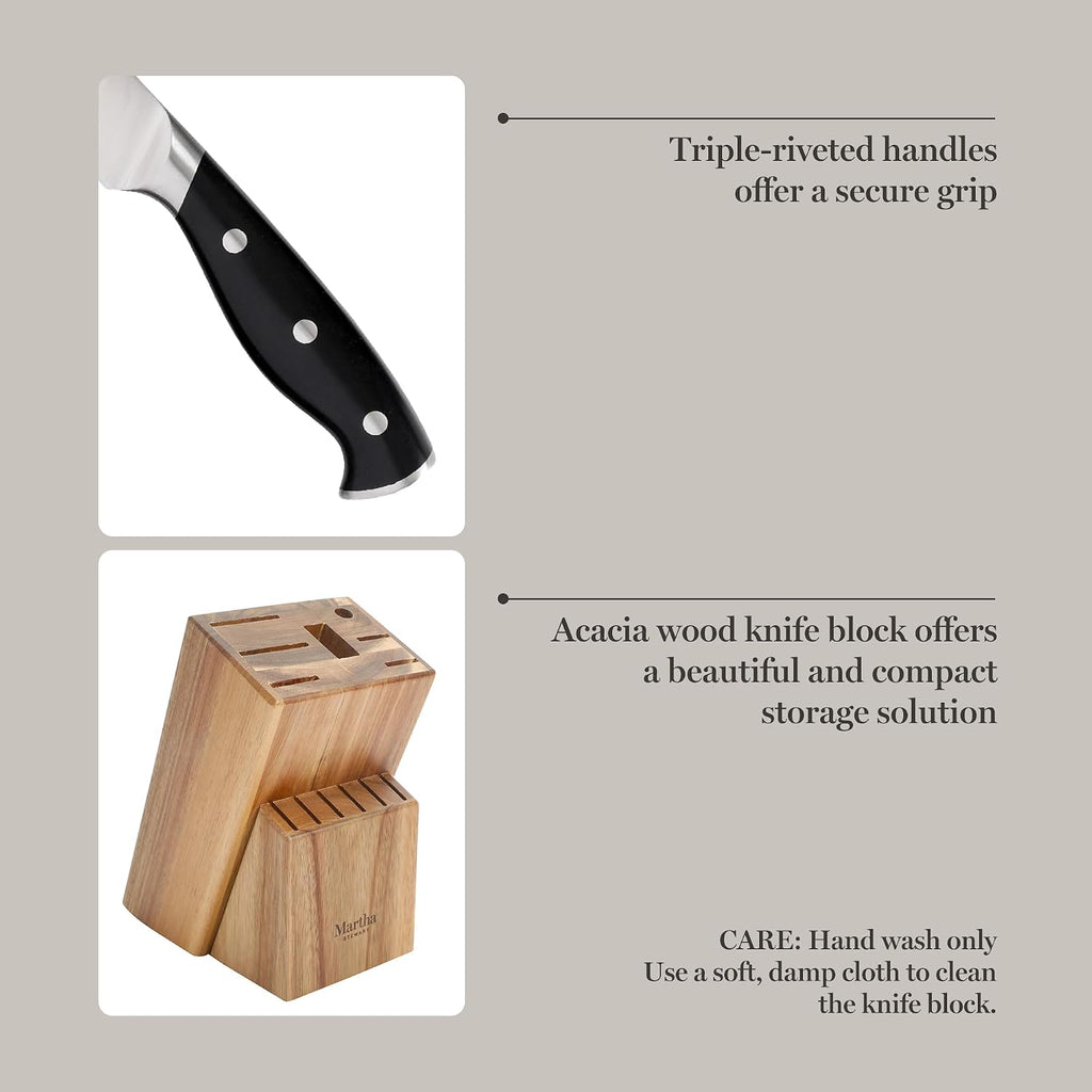 Greeley Forged High Carbon Stainless Steel 14 Piece Knife Block Set, Black Kitchen Knife Set with Acacia Wood Block
