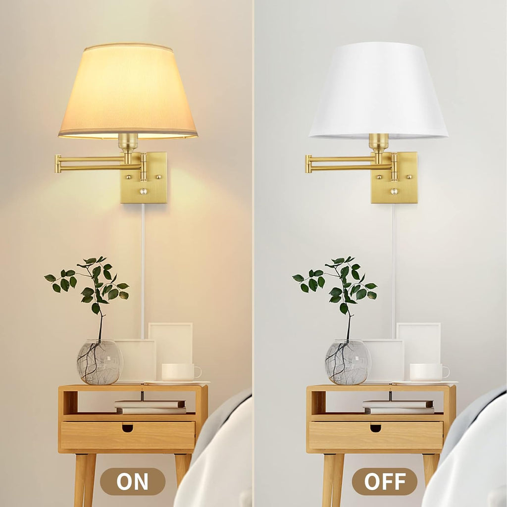 Dimmable Wall Sconce Plug in, Brushed Brass Wall Sconces Set of 2 Swing Arm Wall Lights with Plug in Cord and Dimmer
