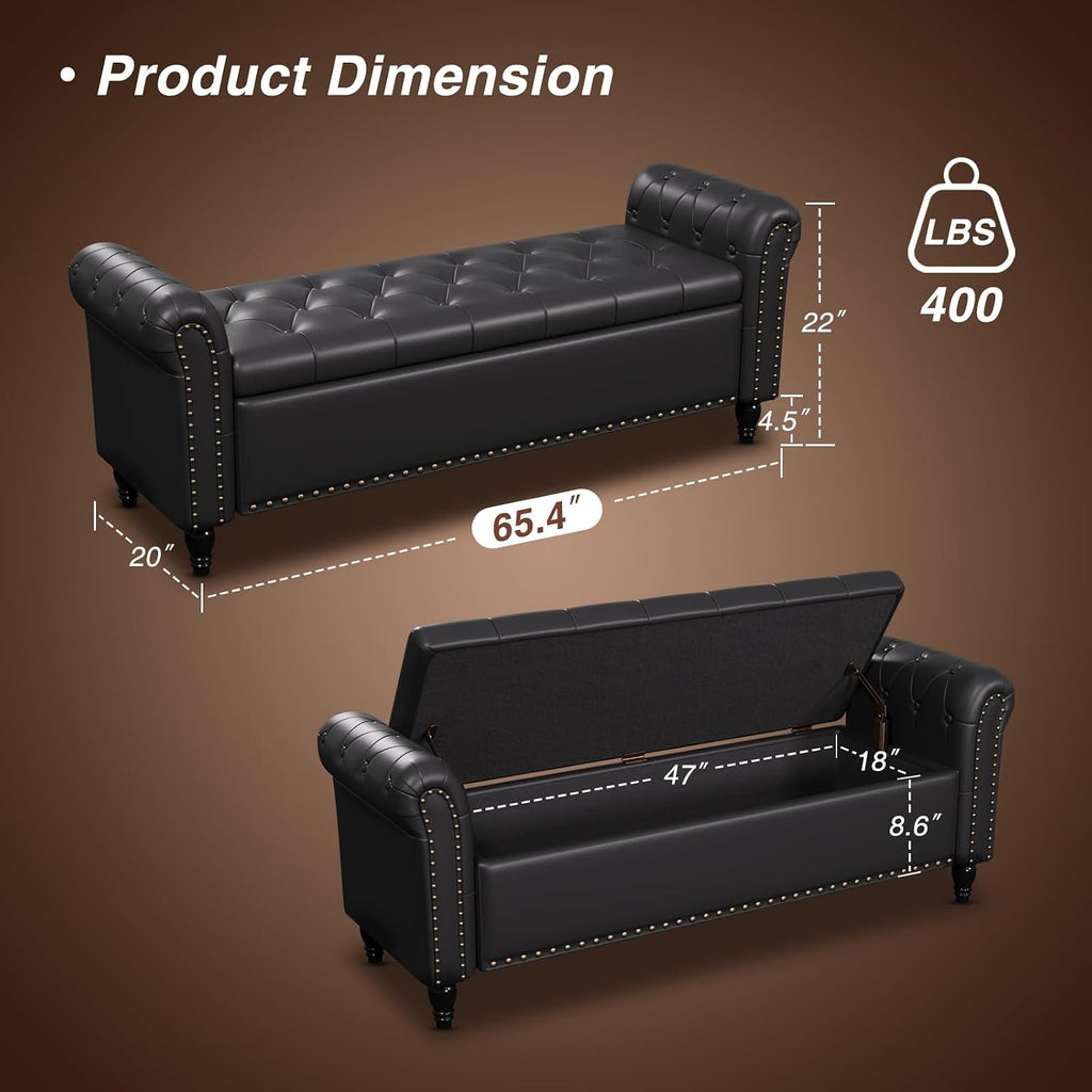65" Bedroom Bench, End of Bed Bench with Storage, Black