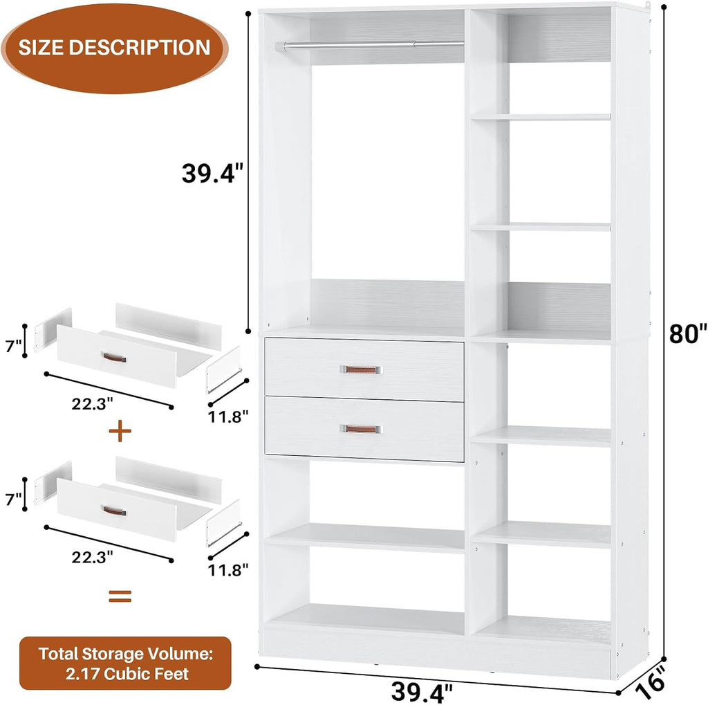 Freestanding Closet System, 40 Inches Stand-Alone Wardrobe with 10 Shelves, 80'' Height Adjustable Cloth Garment Rack