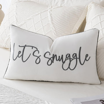 Let's Snuggle Decorative Lumbar Pillow Cover - 12x20 Inch White and Grey Cotton Embroidery Throw Pillowcase