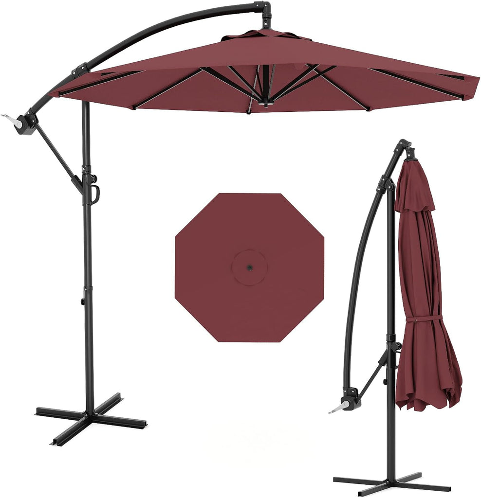10FT Cantilever Patio Umbrella with Cross Base, Outdoor Offset Market Umbrella with Infinite Tilt and Crank Lift