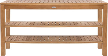 Console Table with Two Shelves, 60-Inch Rectangular Wooden Outdoor Teak Table with Storage Shelves, Outdoor Furniture
