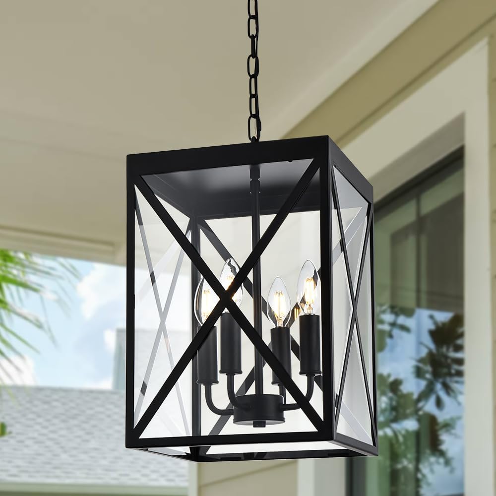 Black Outdoor Pendant Light 4 Lights Outside Pendant Hanging Light Fixture Ceiling Mount with Clear Glass Industrial