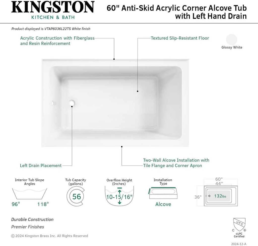 VTAP6036L22TS 60-Inch Acrylic 2-Wall Corner Alcove Tub with Left Hand Drain, White