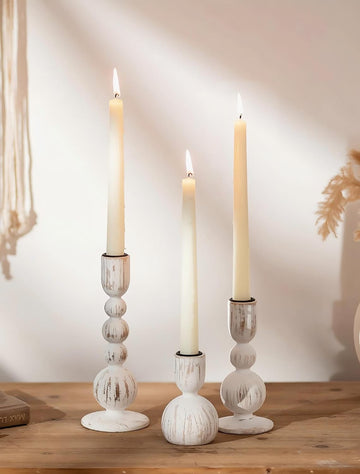 Taper Candle Holders Decor: Set of 3 Wooden Candlestick Holders Mantel Decor - Boho Farmhouse Rustic White